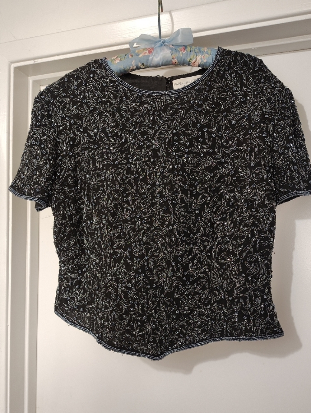 Vintage Papell Boutique Evening Beaded Silk Top XL Black 90s Formal Cocktail